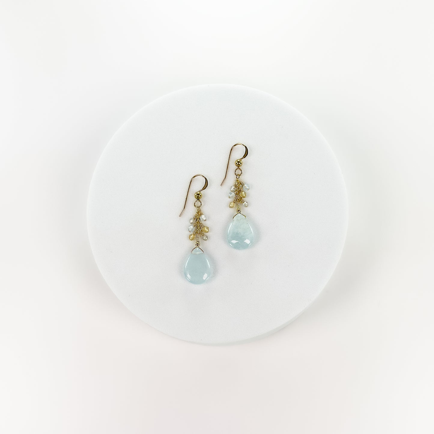Aquamarine Briolette Earrings with Citrine, Labradorite and Aquamarine Dewdrops