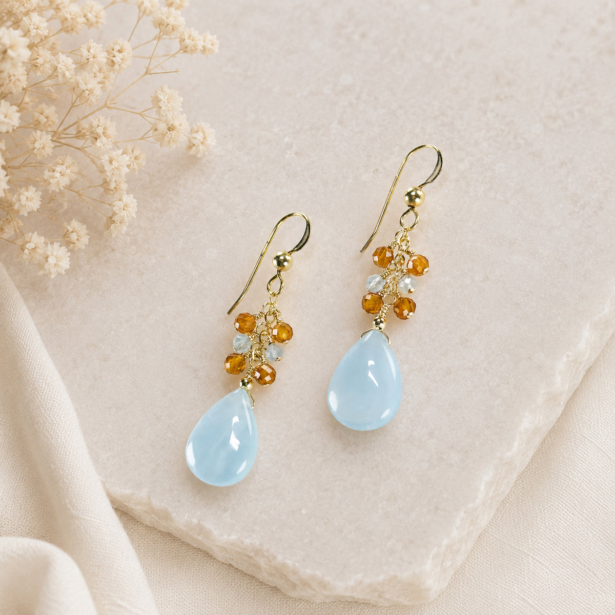 Aquamarine Briolette Earrings with Hessonite and Aquamarine Dewdrops
