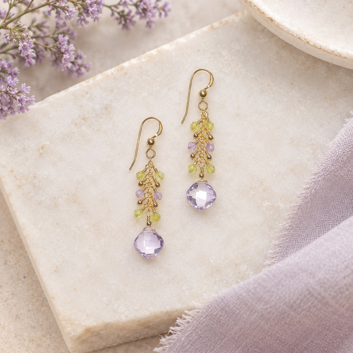 Lavender Amethyst Cushion Cut Drop Earrings