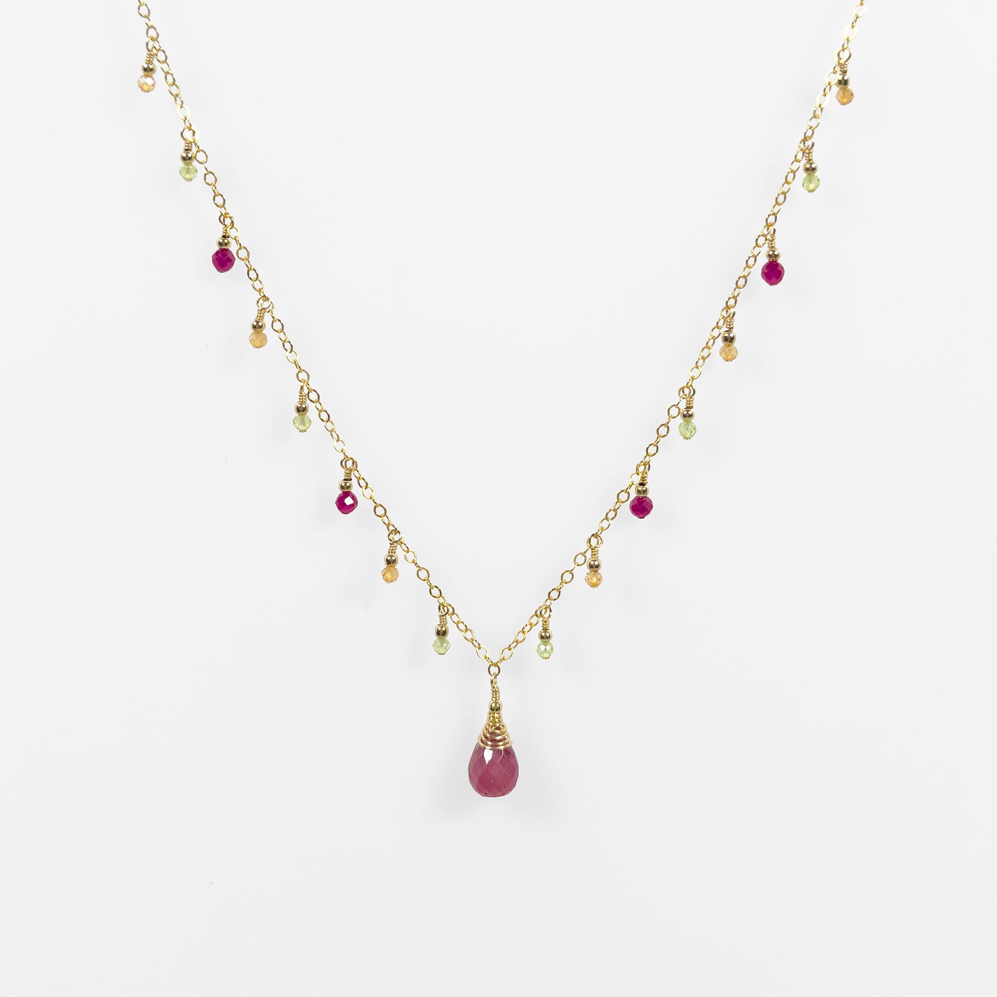 Pink Sapphire Necklace with Peridot, Carnelian and Ruby Dewdrops