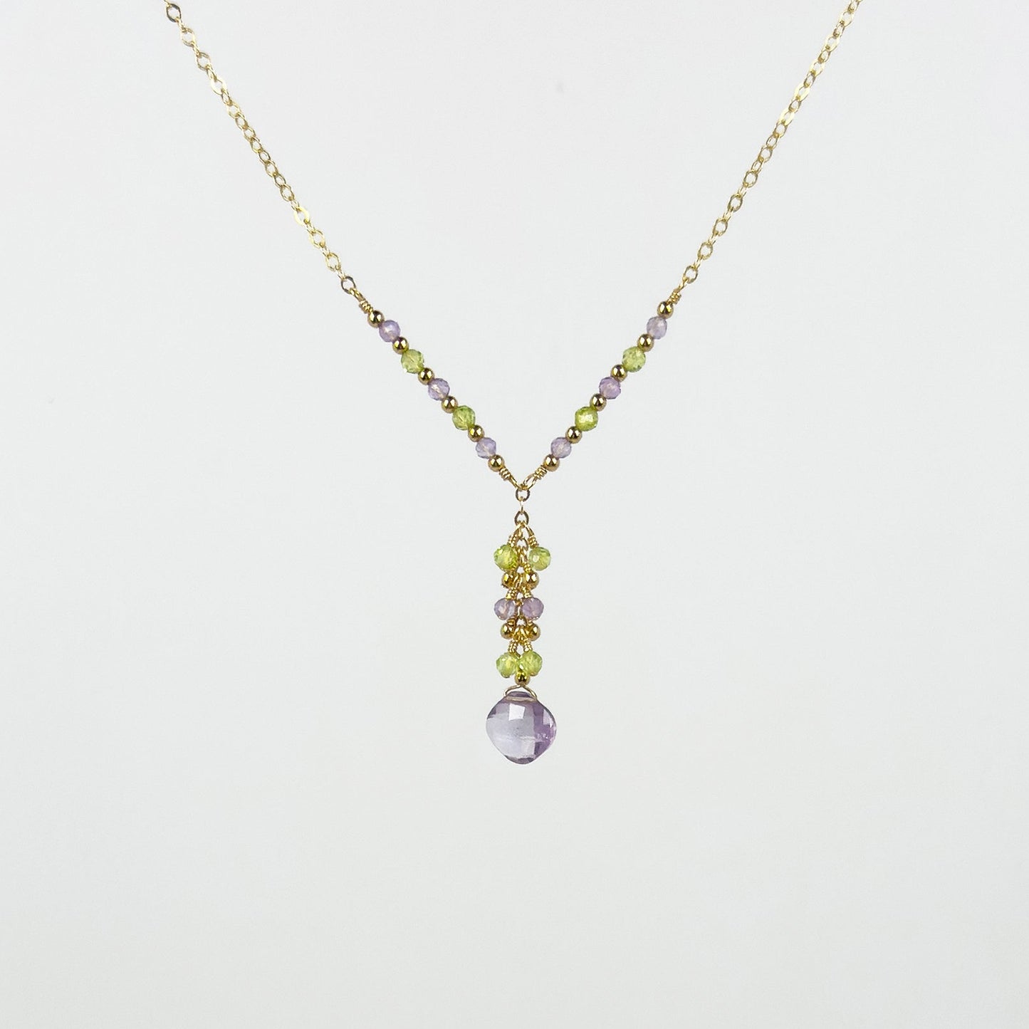 Lavender Amethyst Cushion Cut Necklace with Peridot and Lavender Amethyst