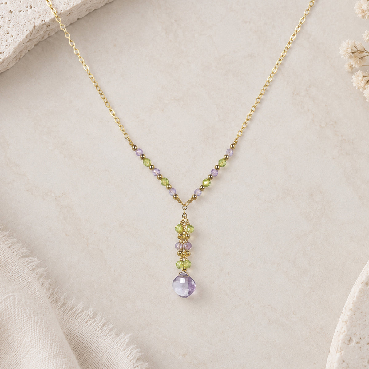 Lavender Amethyst Cushion Cut Necklace with Peridot and Lavender Amethyst