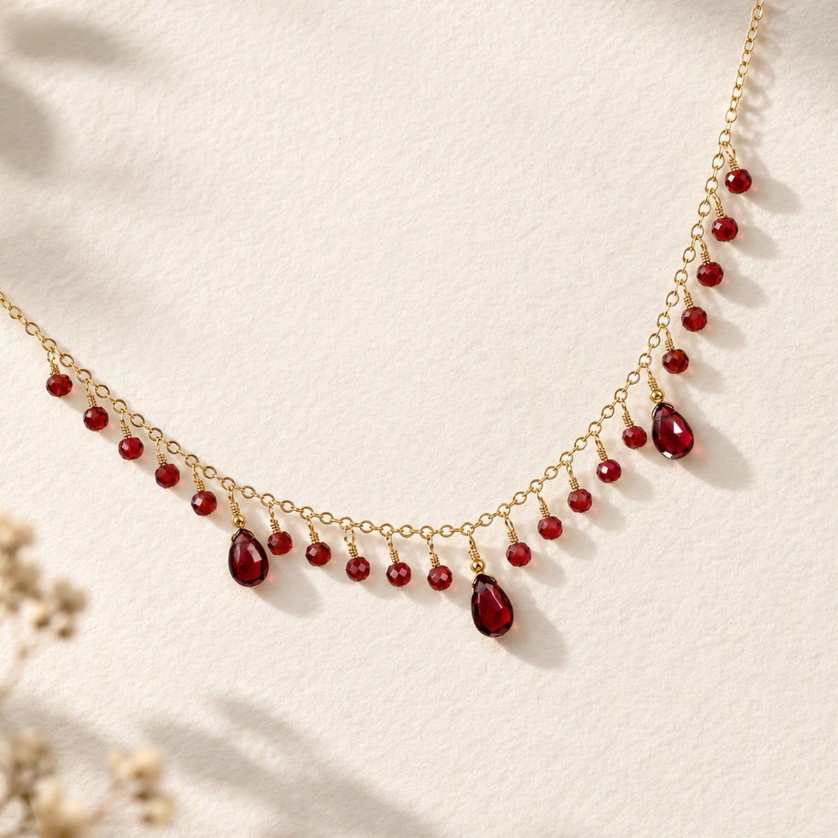 3 Garnet Briolettes Necklace with Garnet Dewdrops