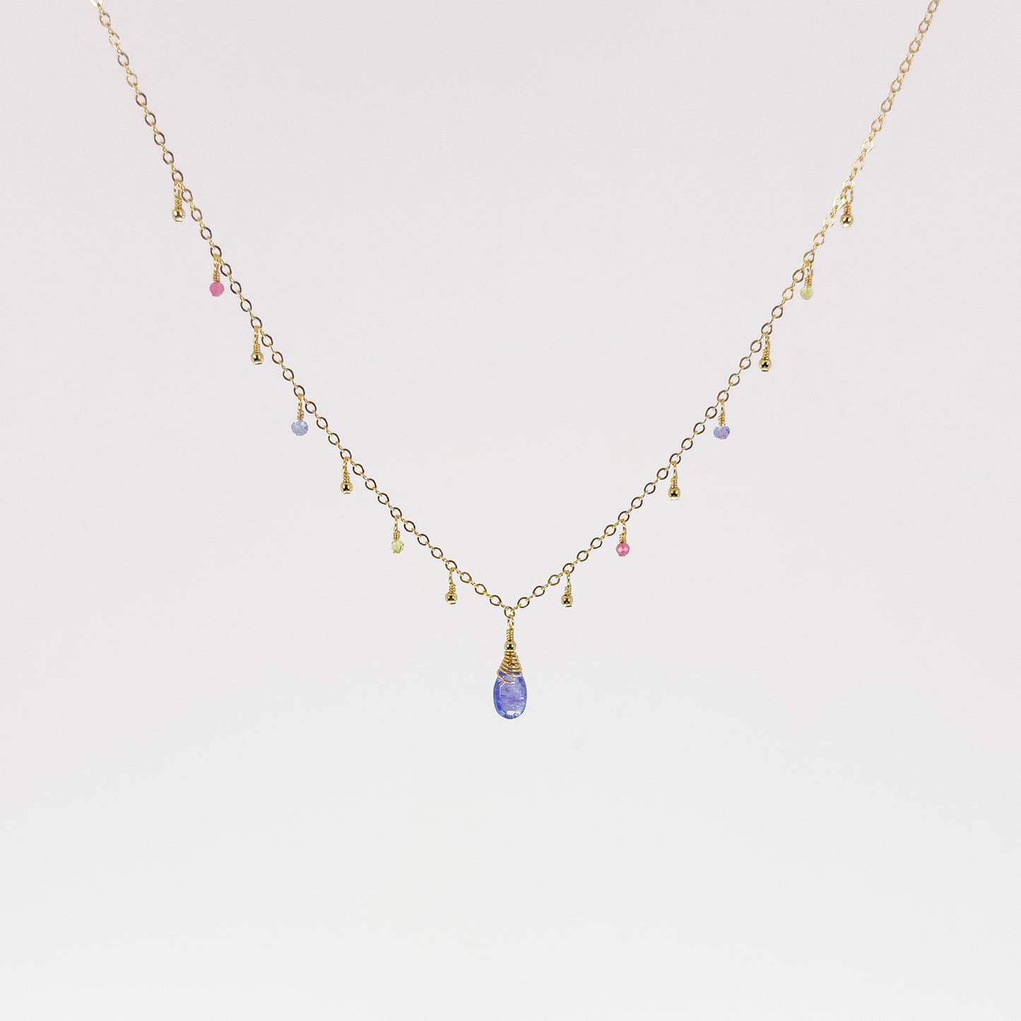 Tanzanite Briolette Necklace with Pink Tourmaline, Peridot & Tanzanite Dewdrops