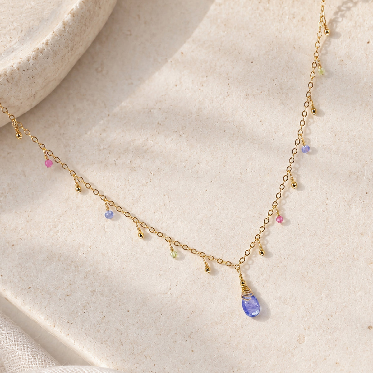 Tanzanite Briolette Necklace with Pink Tourmaline, Peridot & Tanzanite Dewdrops