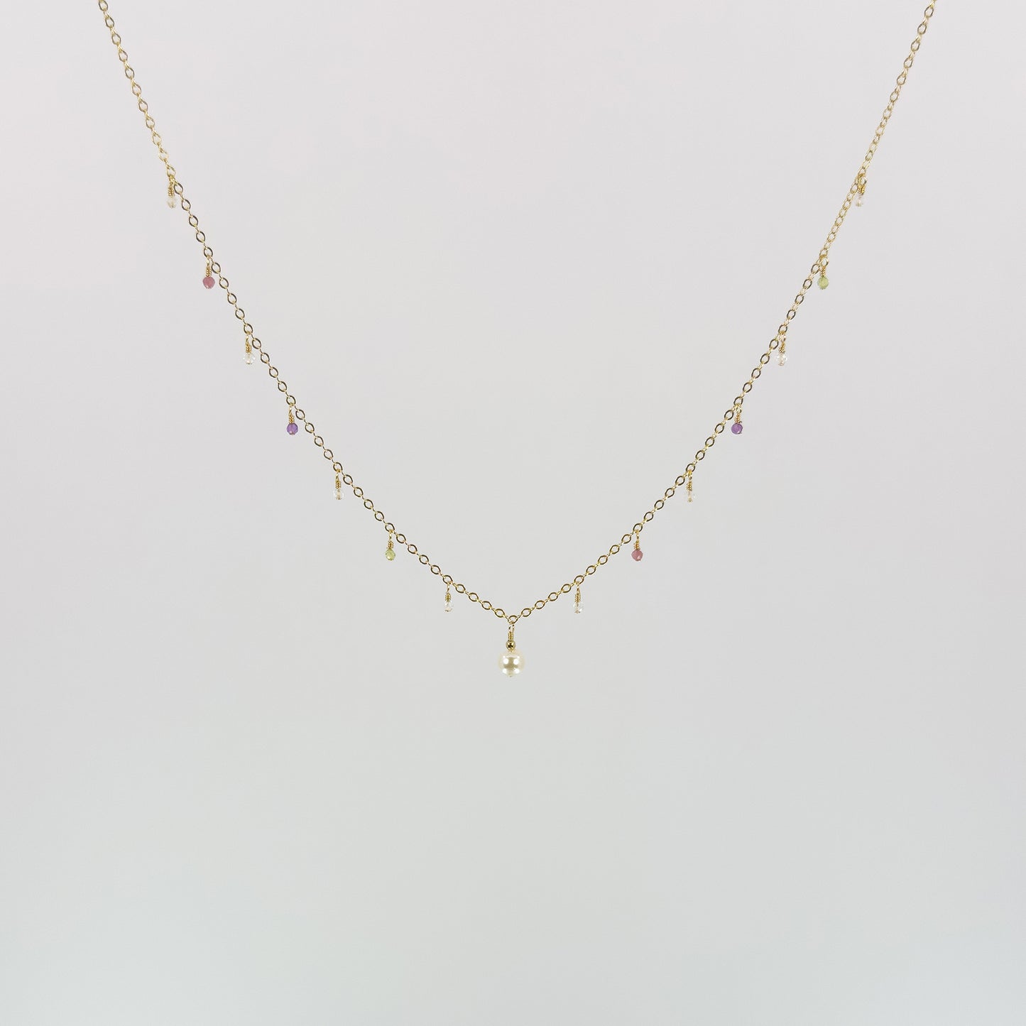Akoya Pearl Necklace with Pink Tourmaline, Peridot, Lavender Amethyst, and White Topaz Dewdrops