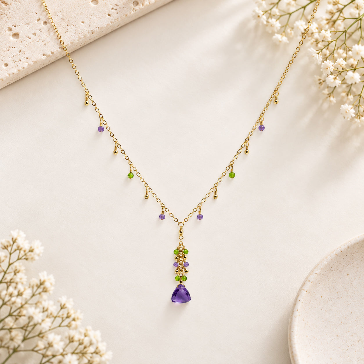 Amethyst and Peridot Cluster Necklace