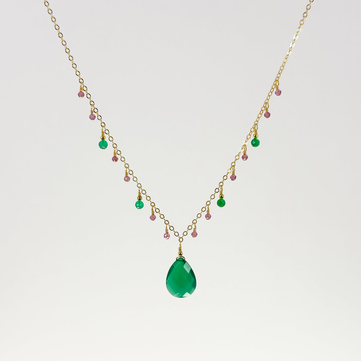 Green Onyx and Pink Rhodolite Necklace