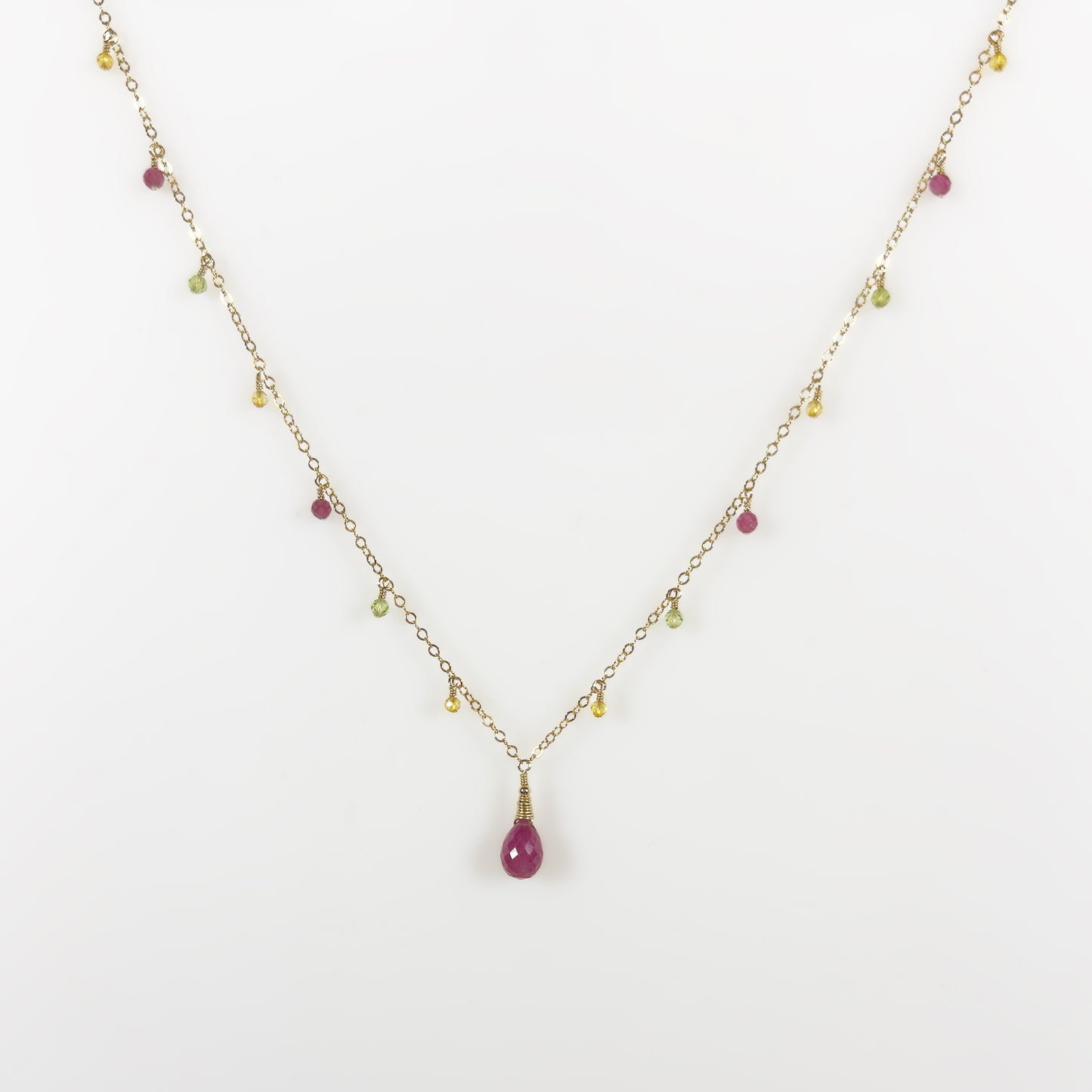 Teardrop Shape Pink Sapphire with Citrine, Peridot and Pink Tourmaline Dewdrops