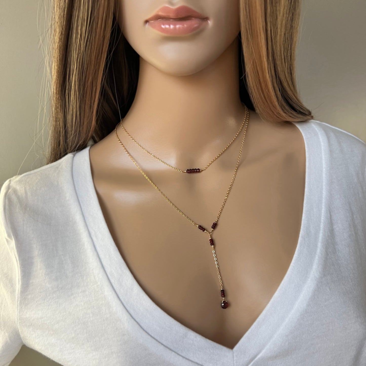 Garnet Lariat Necklace in 14 Karat Gold