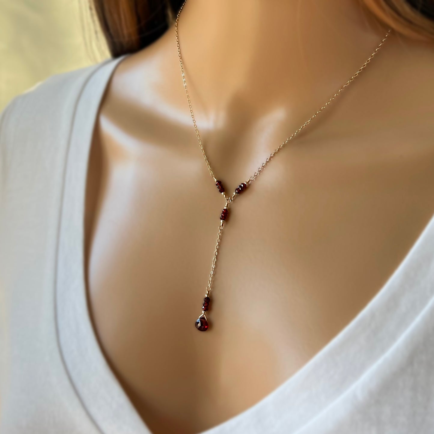 Garnet Lariat Necklace in 14 Karat Gold