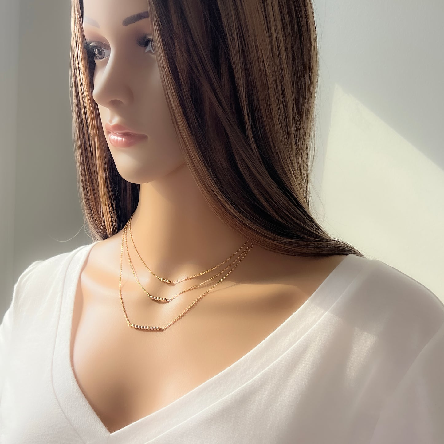 14 Karat Gold Beaded Bar Necklace - 3 Gold Beads