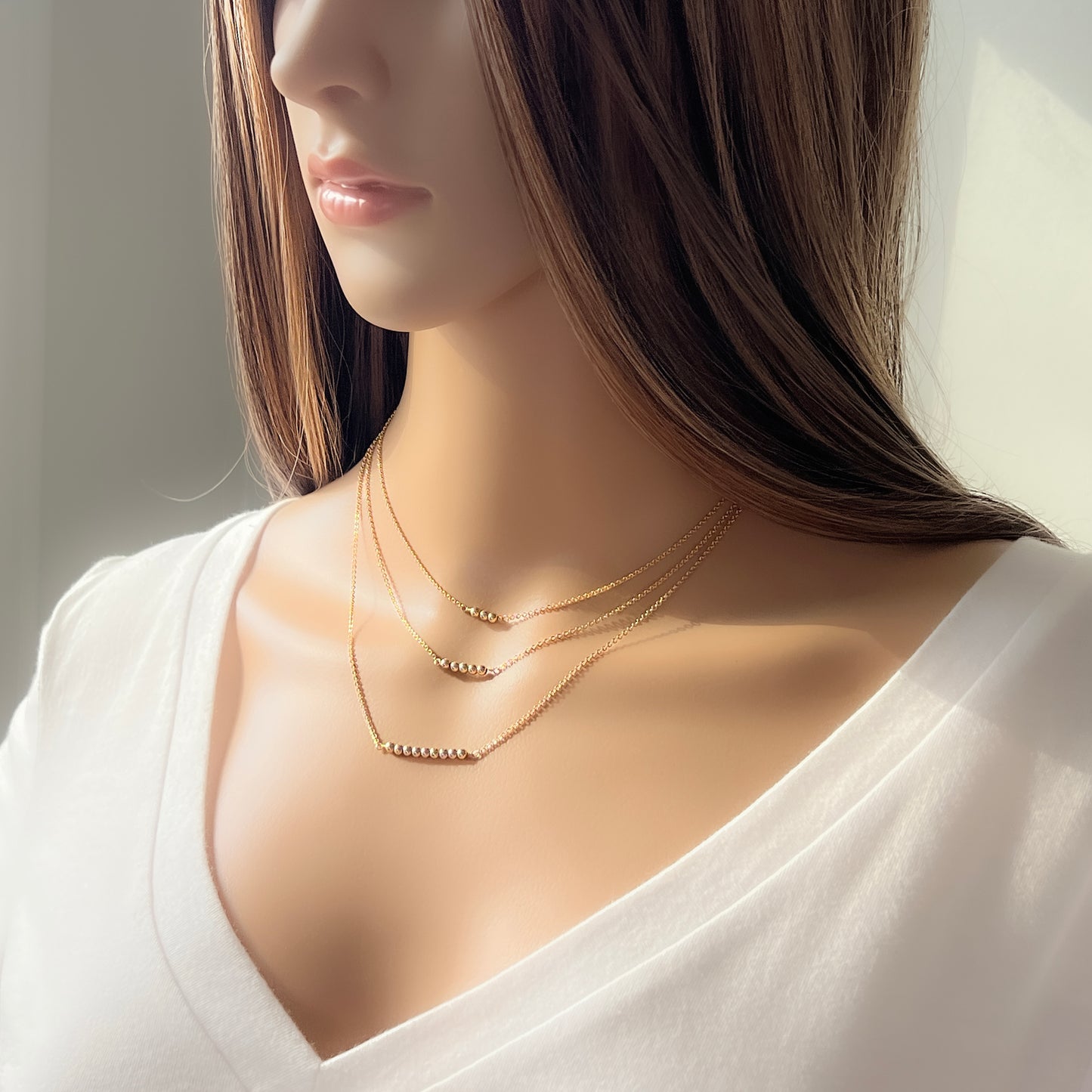 14 Karat Gold Beaded Bar Necklace - 3 Gold Beads