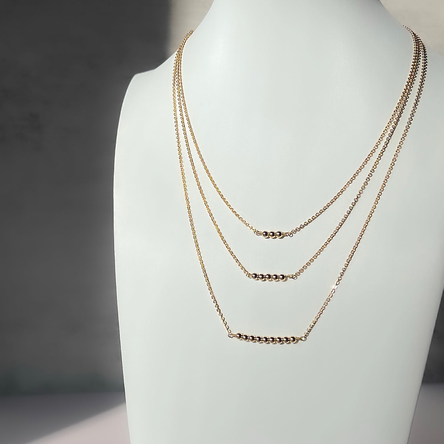 14 Karat Gold Beaded Bar Necklace - 3 Gold Beads