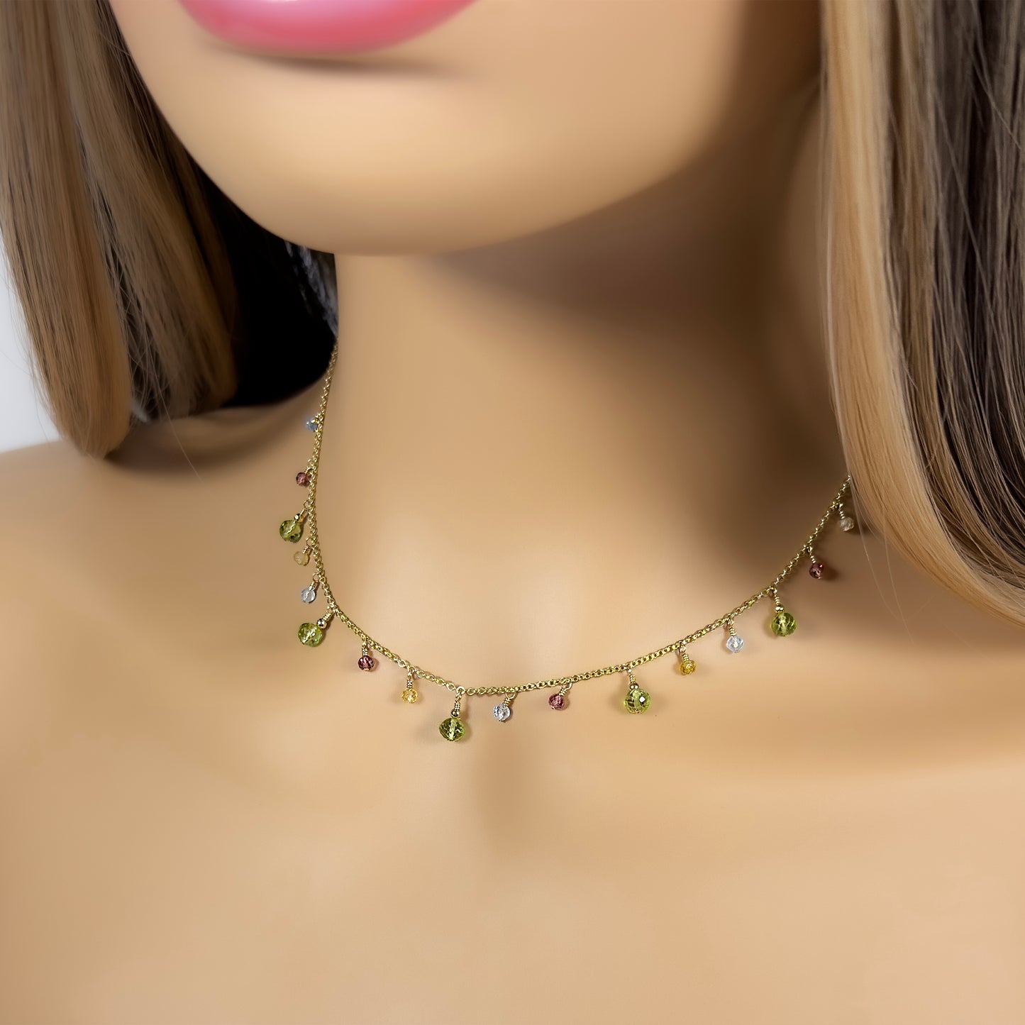 Peridot, Yellow Tourmaline, Garnet and Aquamarine Charm Necklace