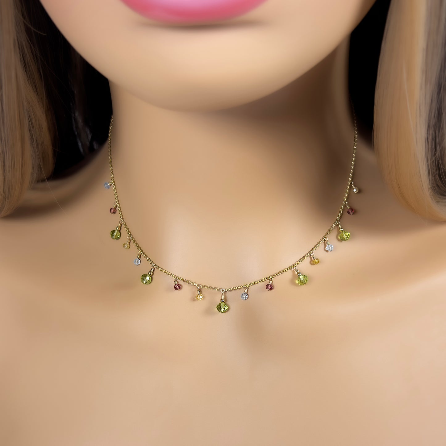 Peridot, Yellow Tourmaline, Garnet and Aquamarine Charm Necklace