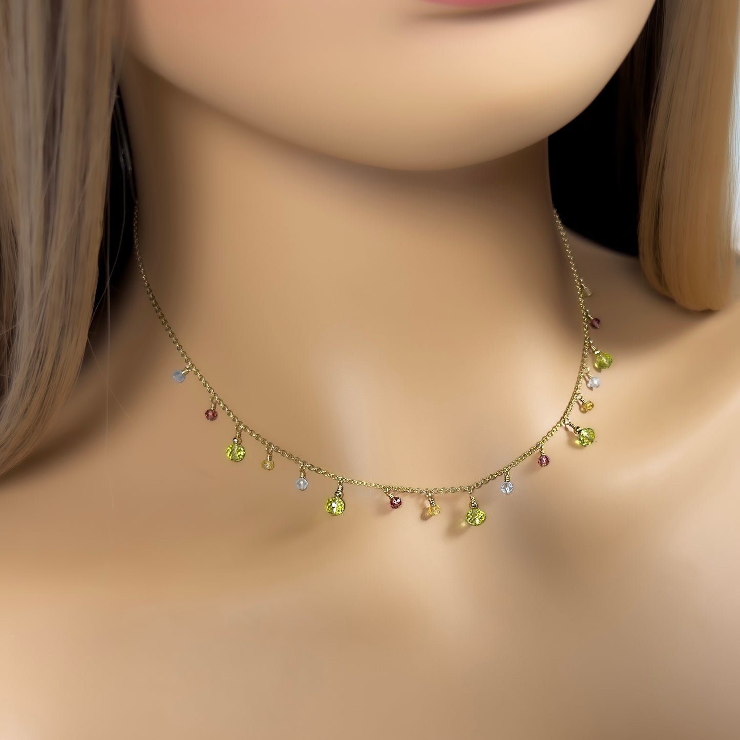 Peridot, Yellow Tourmaline, Garnet and Aquamarine Charm Necklace