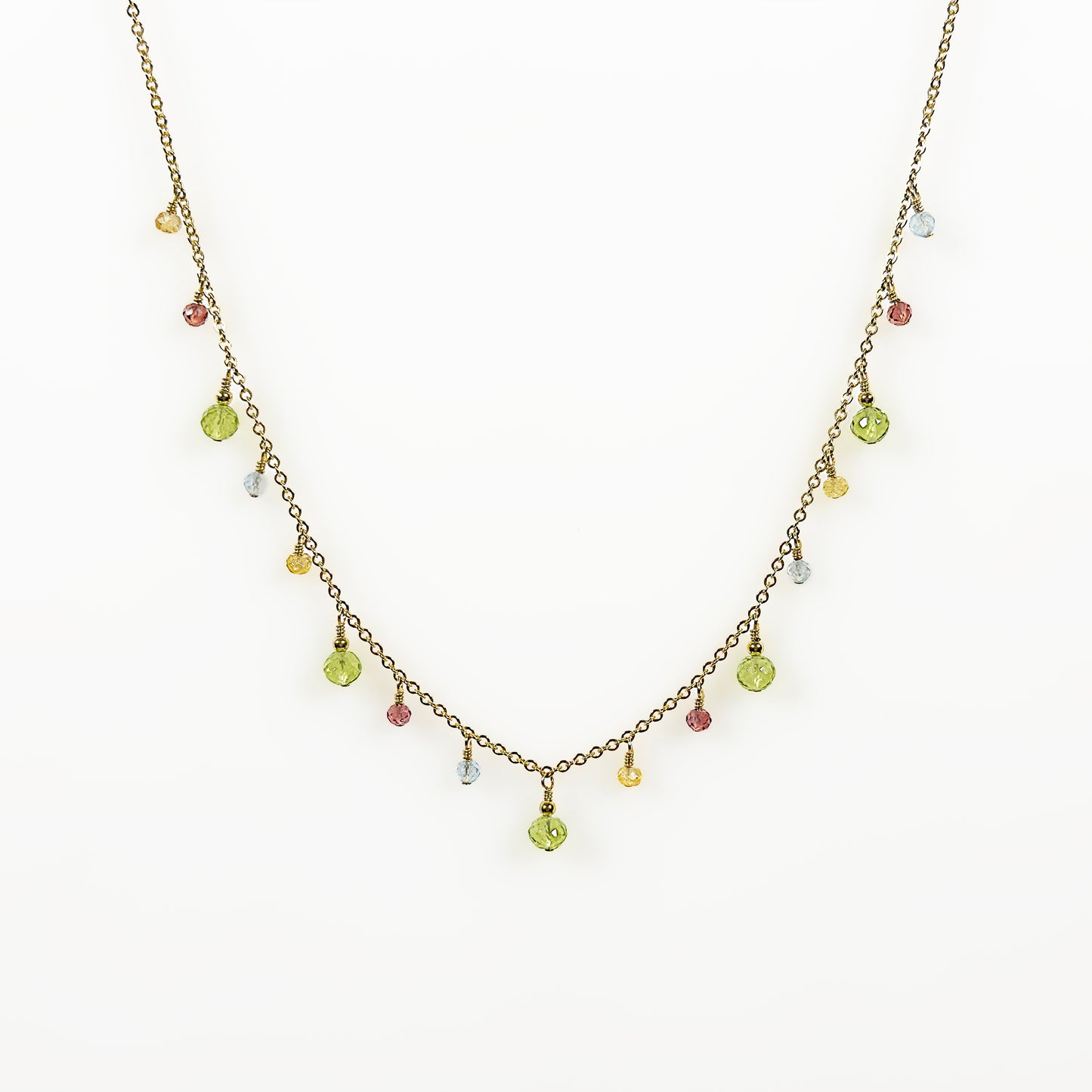Peridot, Yellow Tourmaline, Garnet and Aquamarine Charm Necklace