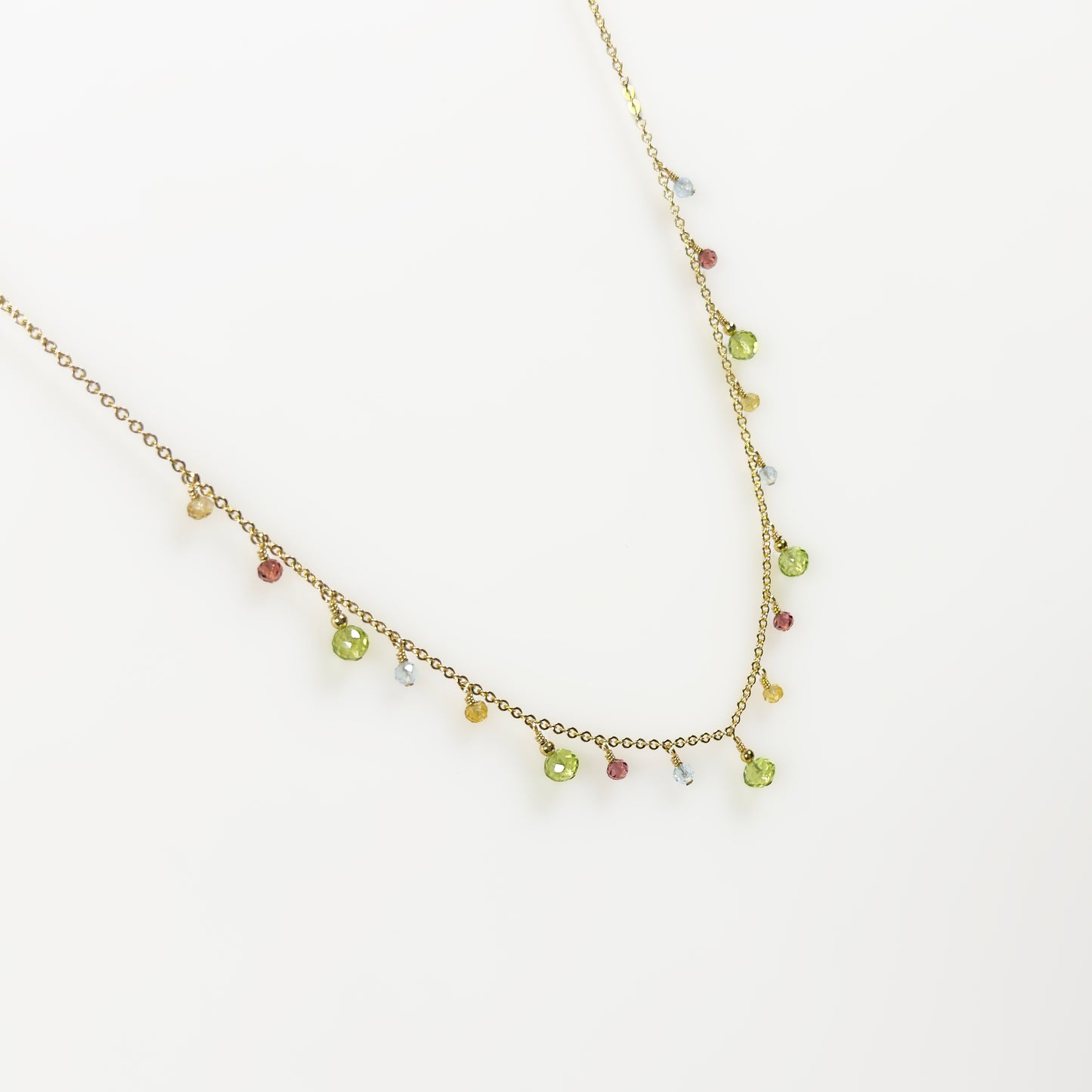 Peridot, Yellow Tourmaline, Garnet and Aquamarine Charm Necklace