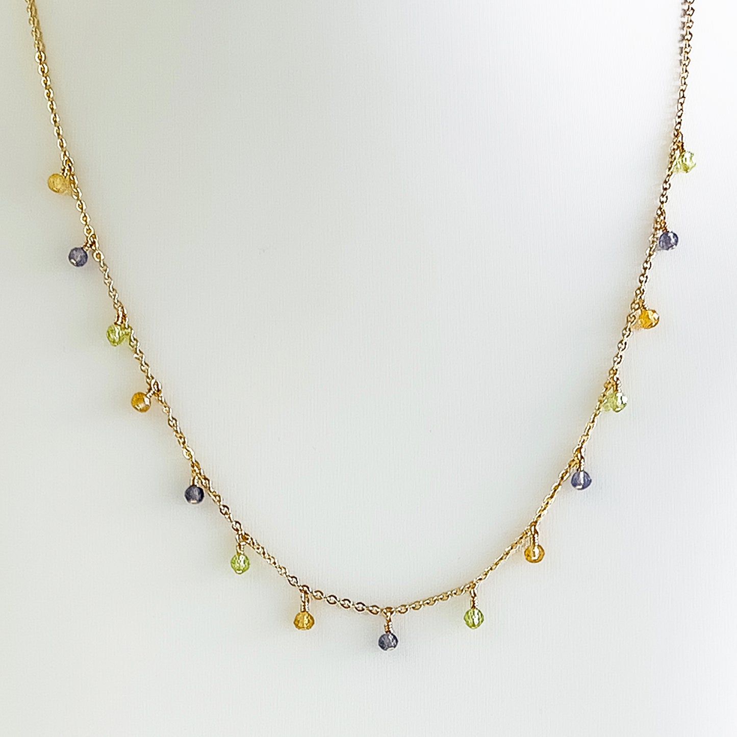 Dainty Peridot, Iolite, and Yellow Tourmaline Charm Necklace