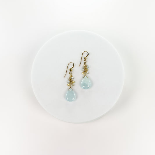 Aquamarine Briolette Earrings with Citrine, Labradorite and Aquamarine Dewdrops