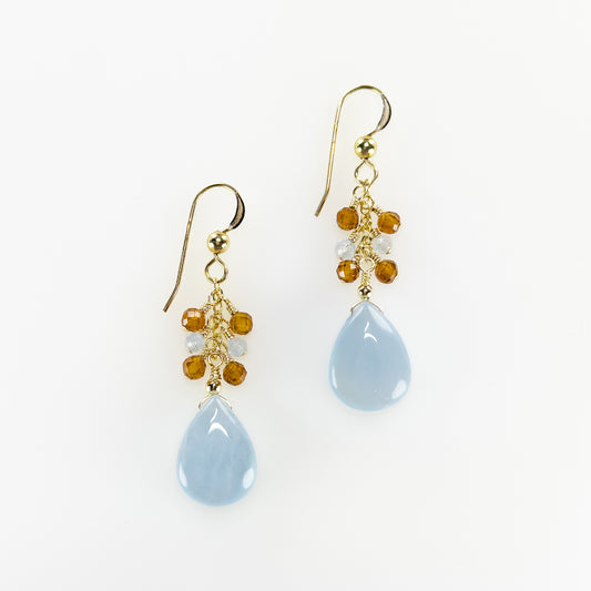 Aquamarine Briolette Earrings with Hessonite and Aquamarine Dewdrops