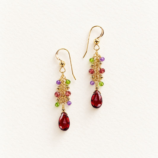 Garnet Cluster Earrings with Chrome Diopside, Garnet and Amethyst Accents