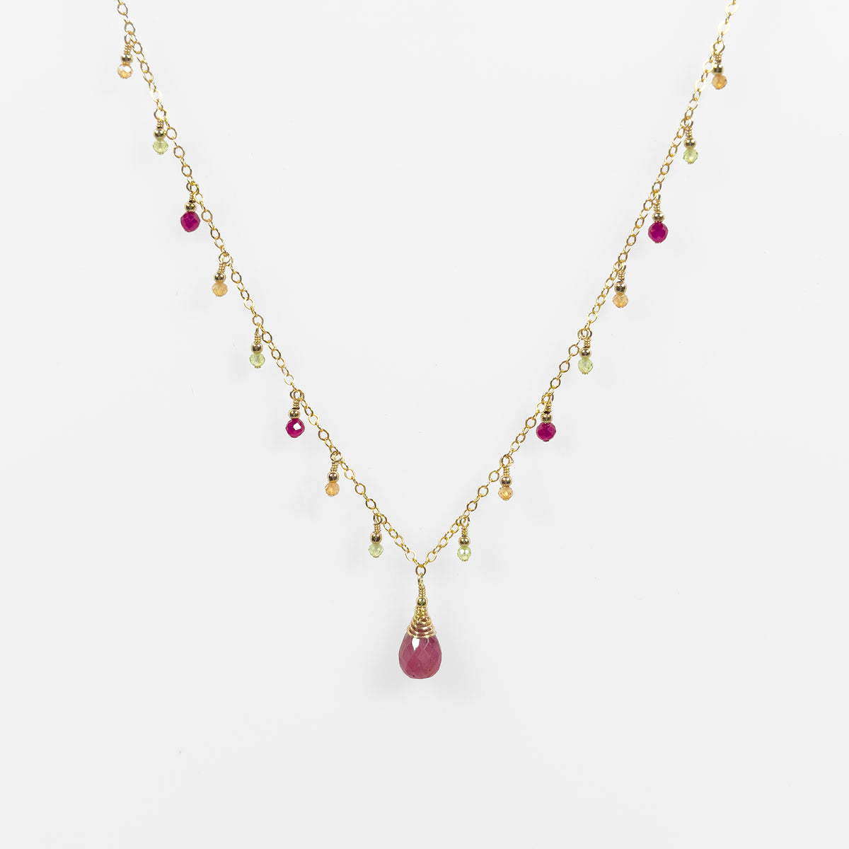 Pink Sapphire Necklace with Peridot, Carnelian and Ruby Dewdrops