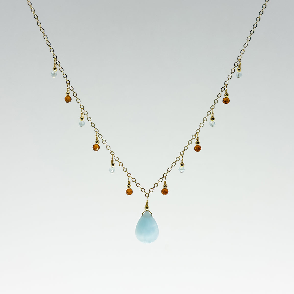 Aquamarine Briolette Necklace with Hessonite and Aquamarine Dewdrops