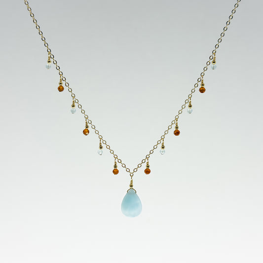 Aquamarine Briolette Necklace with Hessonite and Aquamarine Dewdrops