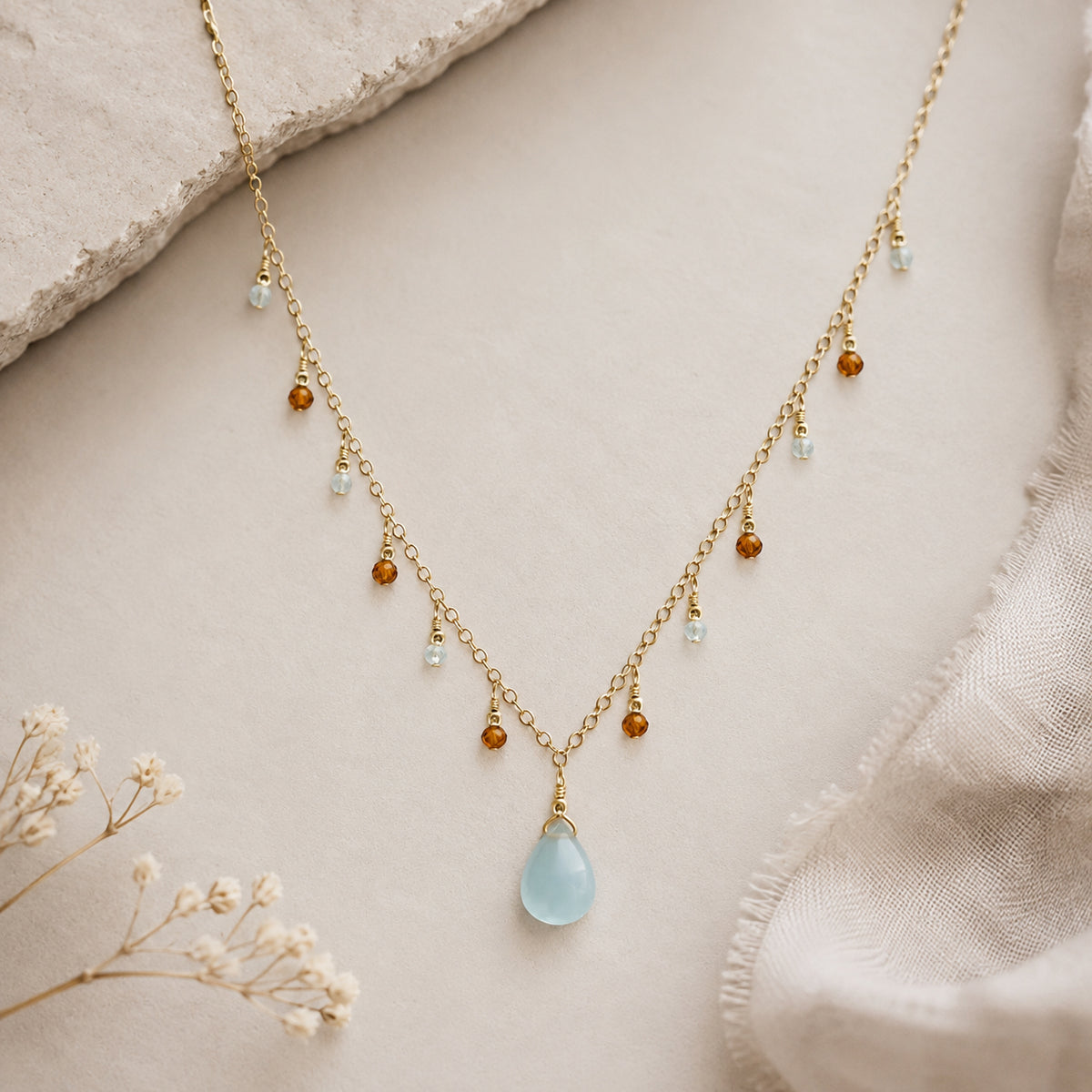 Aquamarine Briolette Necklace with Hessonite and Aquamarine Dewdrops