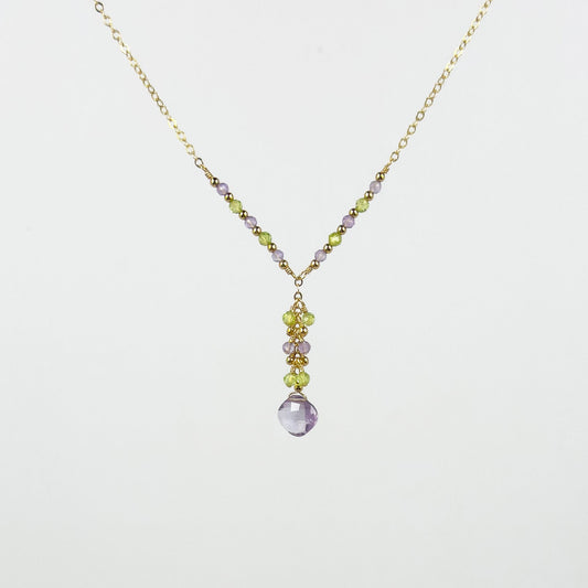 Lavender Amethyst Cushion Cut Necklace with Peridot and Lavender Amethyst