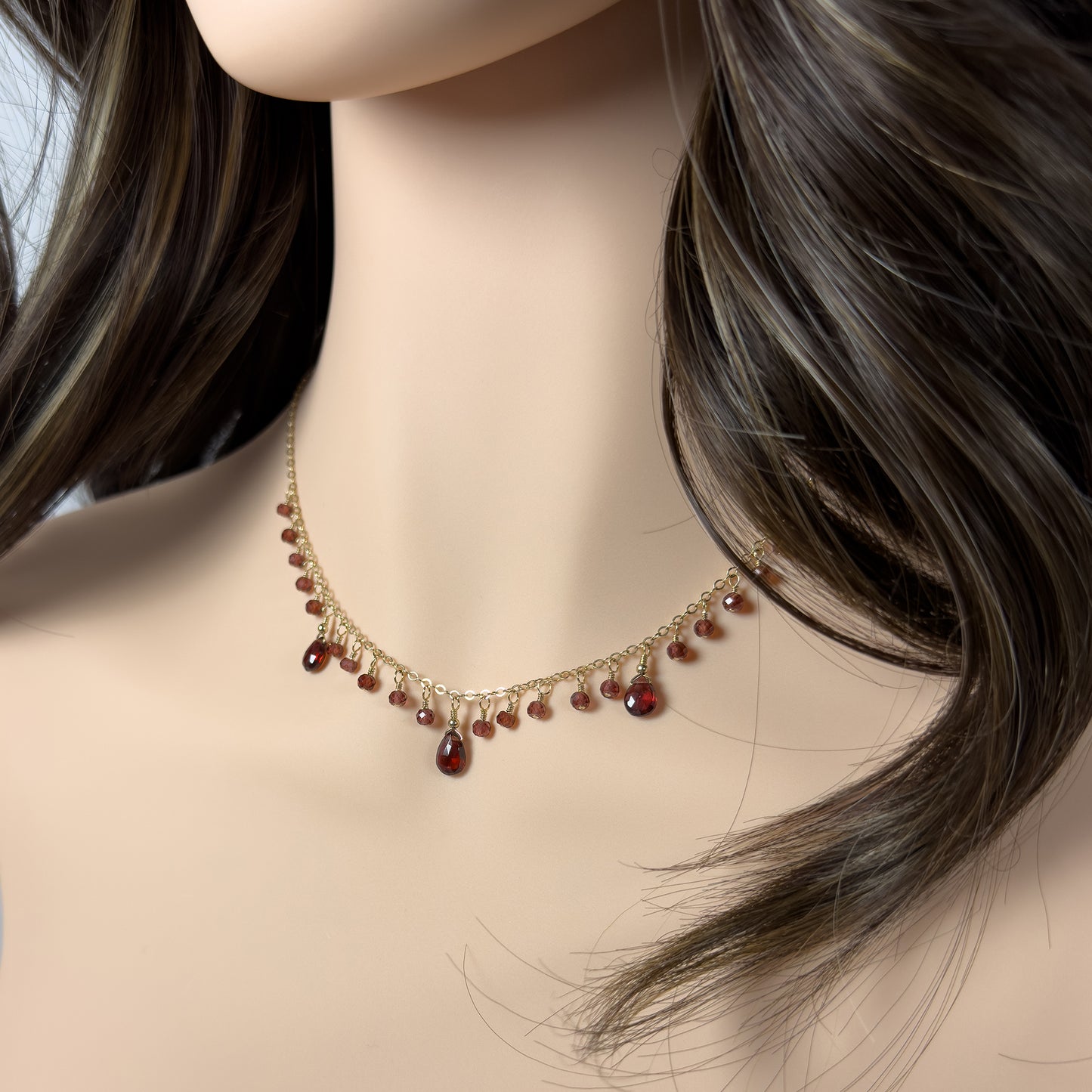 3 Garnet Briolettes Necklace with Garnet Dewdrops