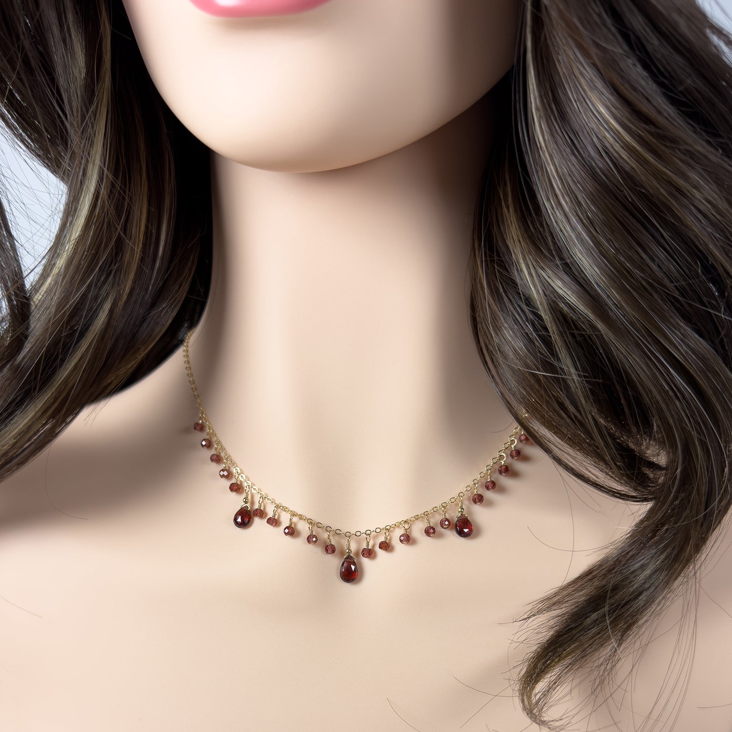 3 Garnet Briolettes Necklace with Garnet Dewdrops