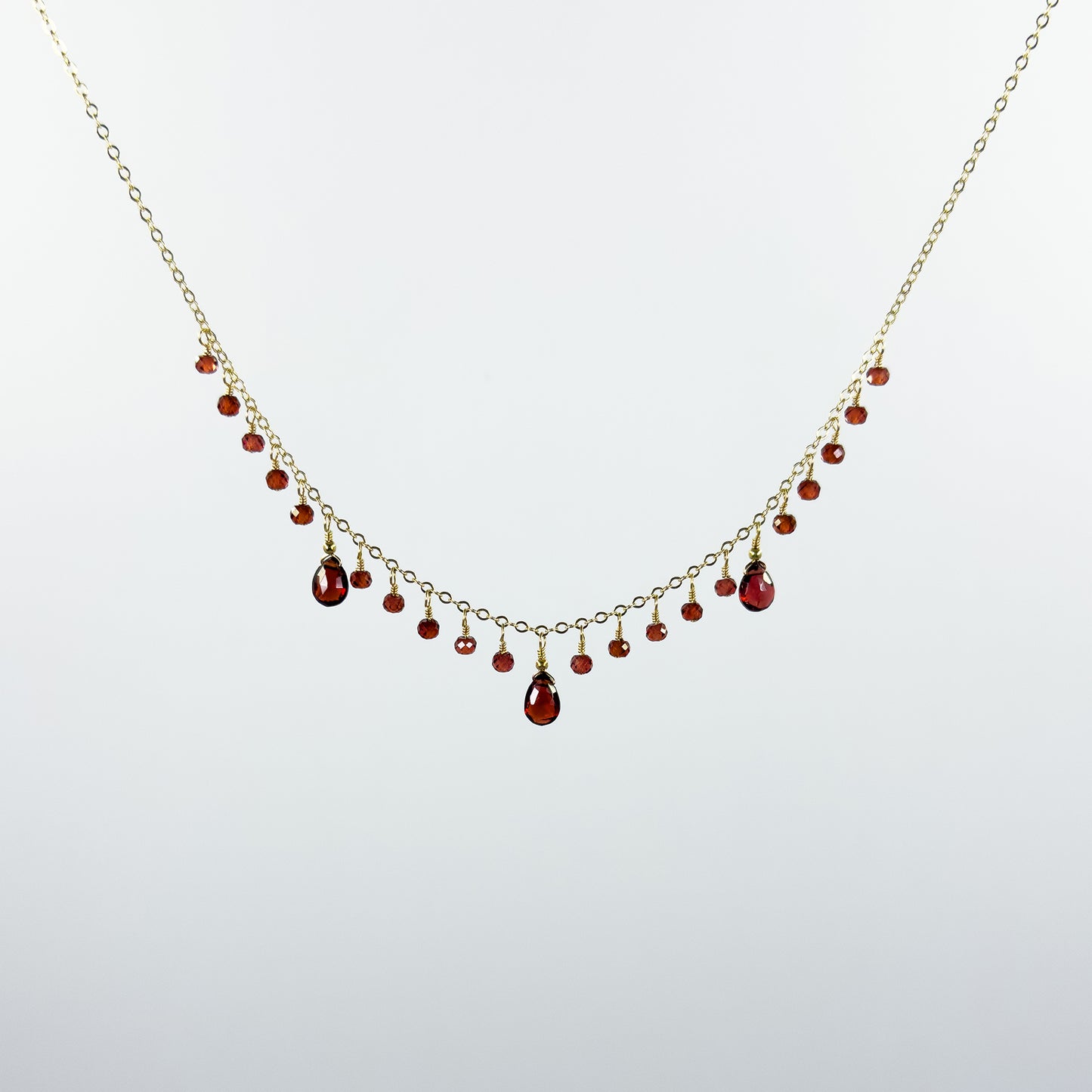 3 Garnet Briolettes Necklace with Garnet Dewdrops