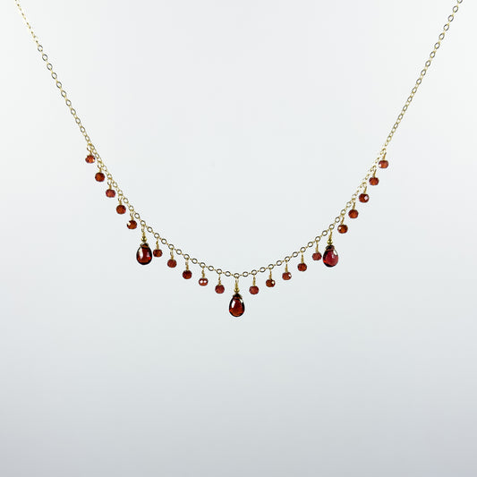 3 Garnet Briolettes Necklace with Garnet Dewdrops