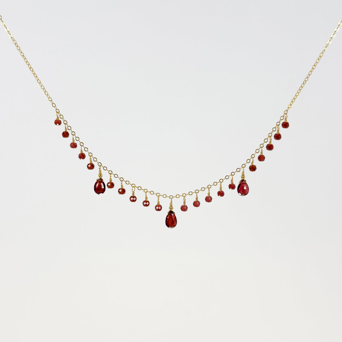 3 Garnet Briolettes Necklace with Garnet Dewdrops