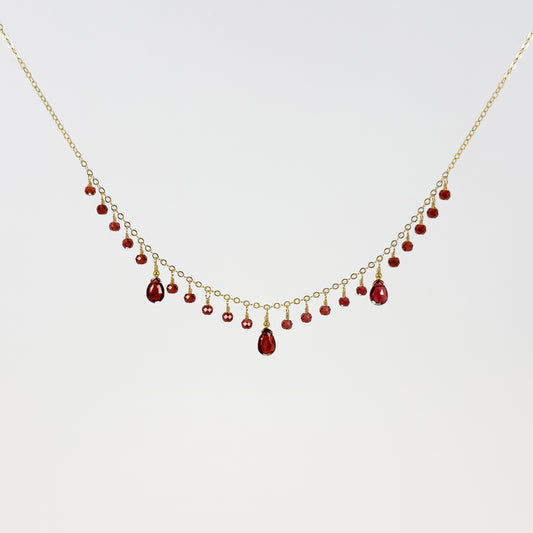 3 Garnet Briolettes Necklace with Garnet Dewdrops