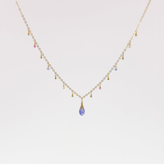 Tanzanite Briolette Necklace with Pink Tourmaline, Peridot & Tanzanite Dewdrops