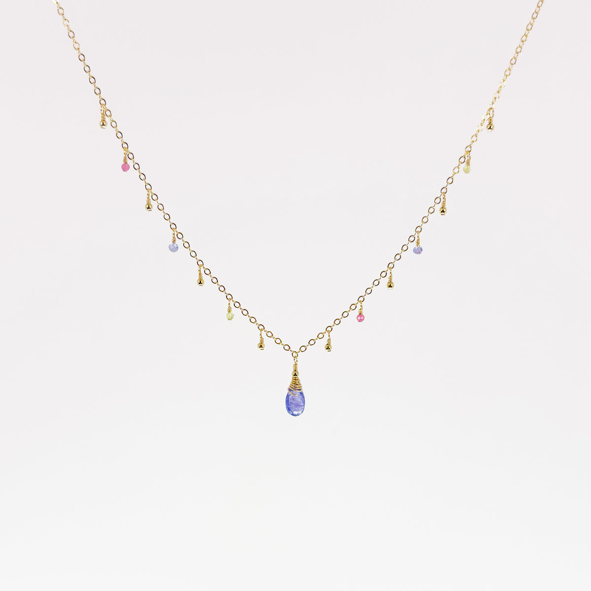 Tanzanite Briolette Necklace with Pink Tourmaline, Peridot & Tanzanite Dewdrops