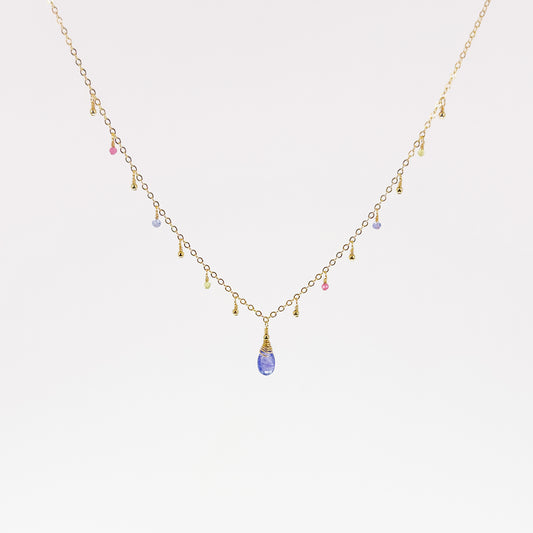 Tanzanite Briolette Necklace with Pink Tourmaline, Peridot & Tanzanite Dewdrops