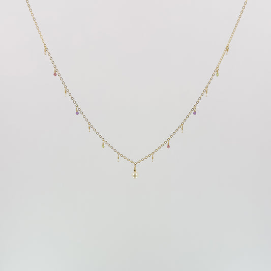 Akoya Pearl Necklace with Pink Tourmaline, Peridot, Lavender Amethyst, and White Topaz Dewdrops