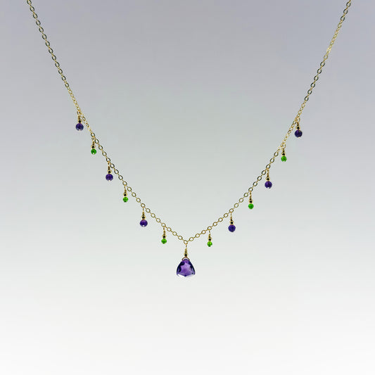 Purple Amethyst Pendant Necklace with Amethyst and Chrome Diopside Dewdrops