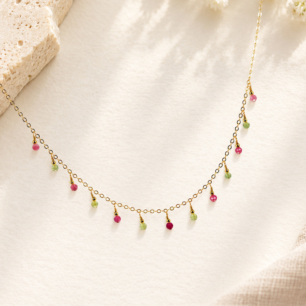 Pink and Green Tourmaline Dewdrops Necklace