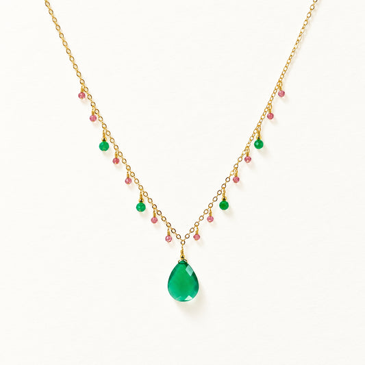 Green Onyx Briolette Pendant Necklace with Pink Rhodolite Dewdrops