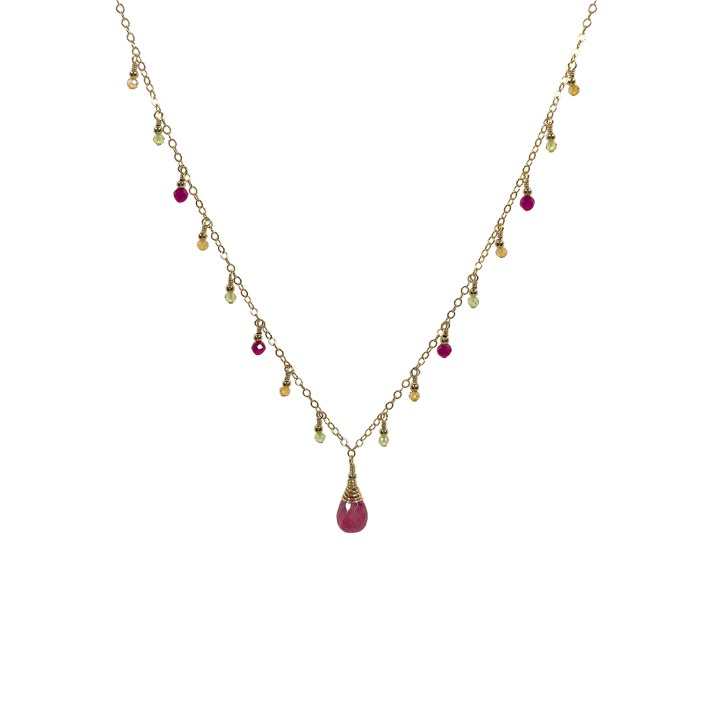 Pink Sapphire Necklace with Peridot, Carnelian and Ruby Dewdrops