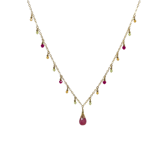 Pink Sapphire Necklace with Peridot, Carnelian and Ruby Dewdrops