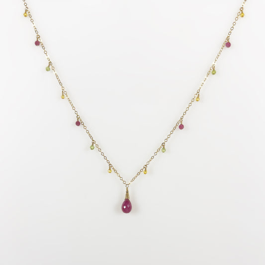 Teardrop Shape Pink Sapphire with Citrine, Peridot and Pink Tourmaline Dewdrops