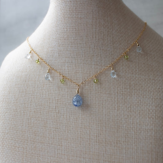 Blue Sapphire, Aquamarine and Peridot Charm Necklace