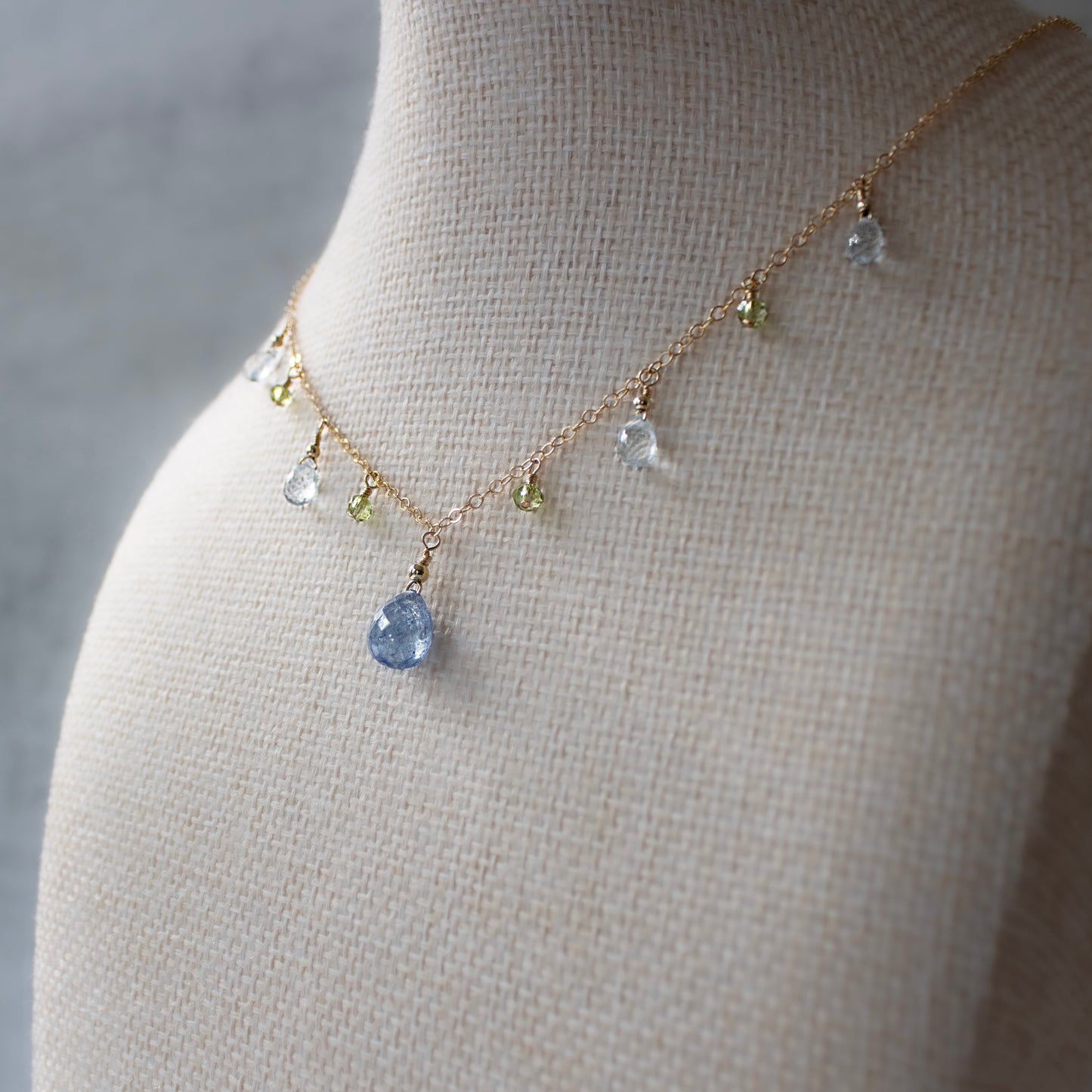 Blue Sapphire, Aquamarine and Peridot Charm Necklace